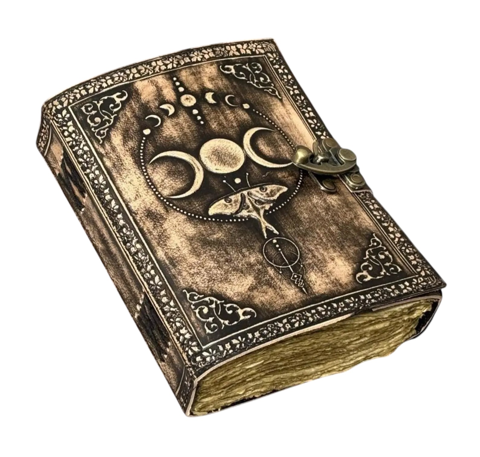 Luna Moth Leather Journal: Triple Moon Grimoire,Vintage Pages