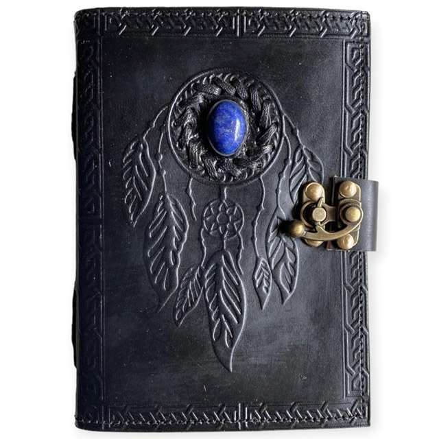 Black Dream Catcher Embossed Leather Journal with Blue Stone