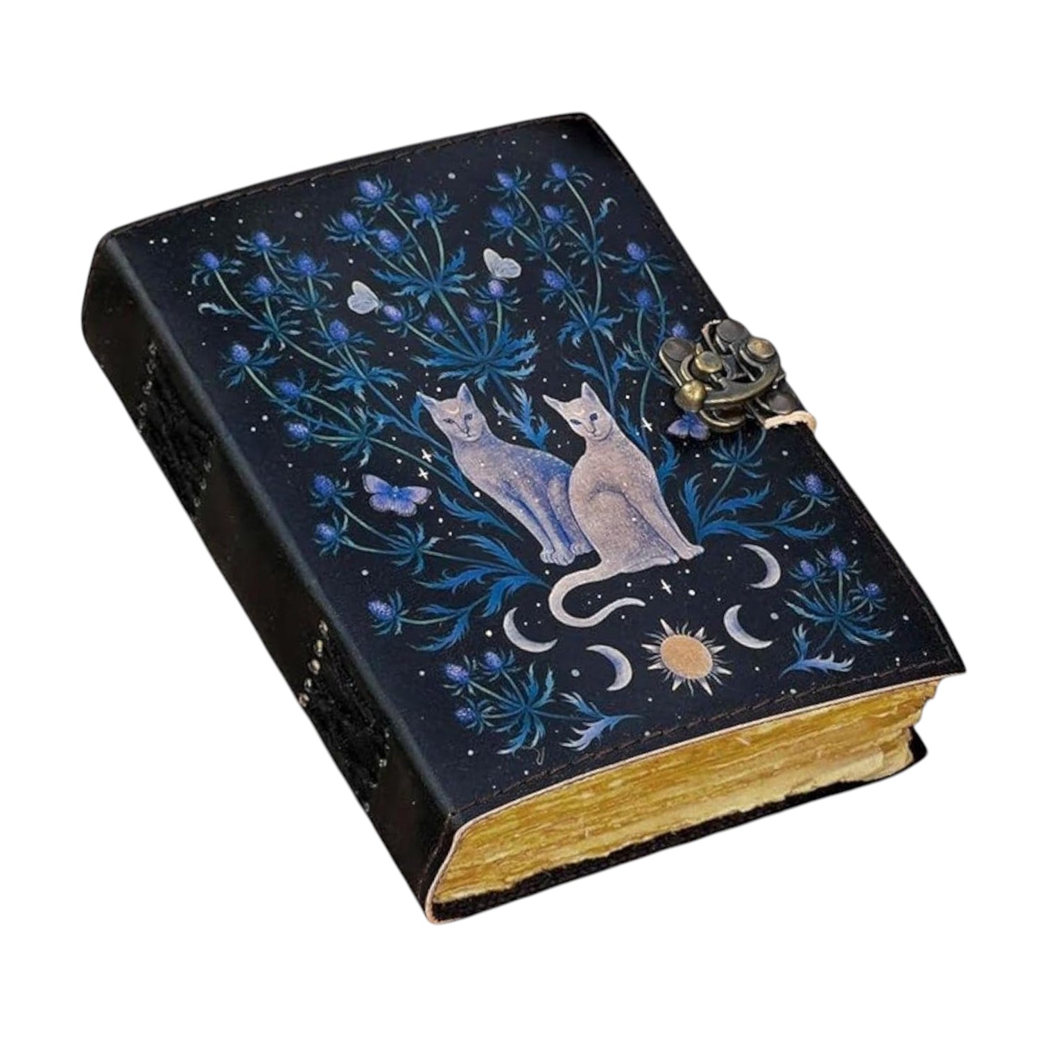 Blank Spell Book of Shadows Moon Phase Printed Witchcraft Supplies Wiccan Notebook Handmade Vintage Deckle Paper Grimoire Journal Leather Sketchbook, Drawing Journal (Blue Thistle Cat)